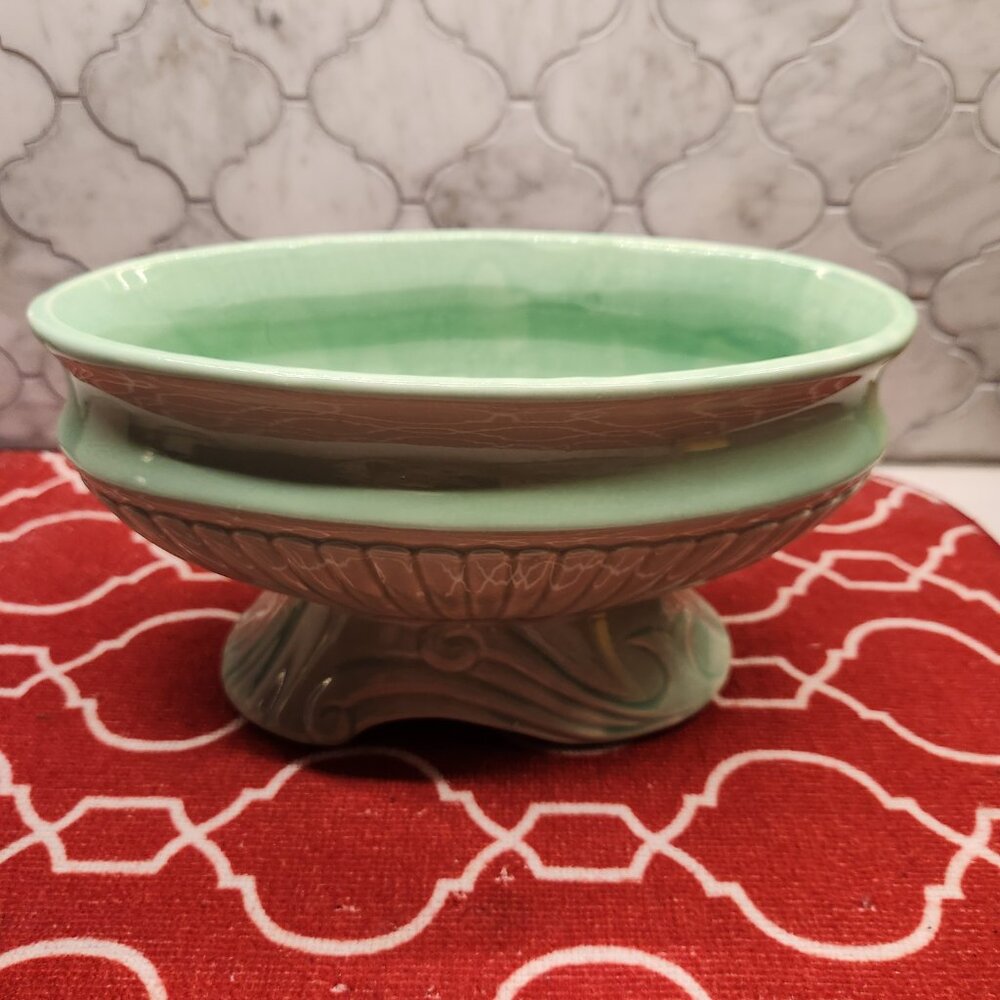 Green Ceramic Glazed Footed Planter Fruit Bowl MCM 1960s Oval Swirled Base Large